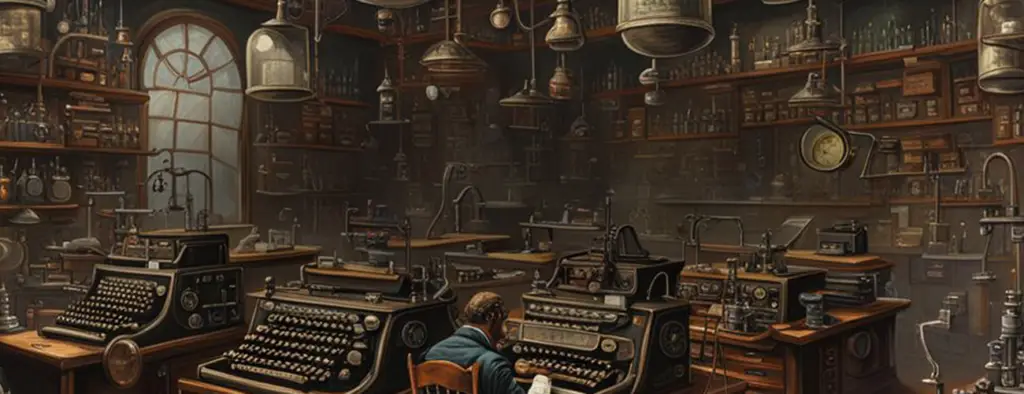 A cavernous writers room filled with enormous brass typewriters. A lone writer pounds away at the keys working to finish his project.